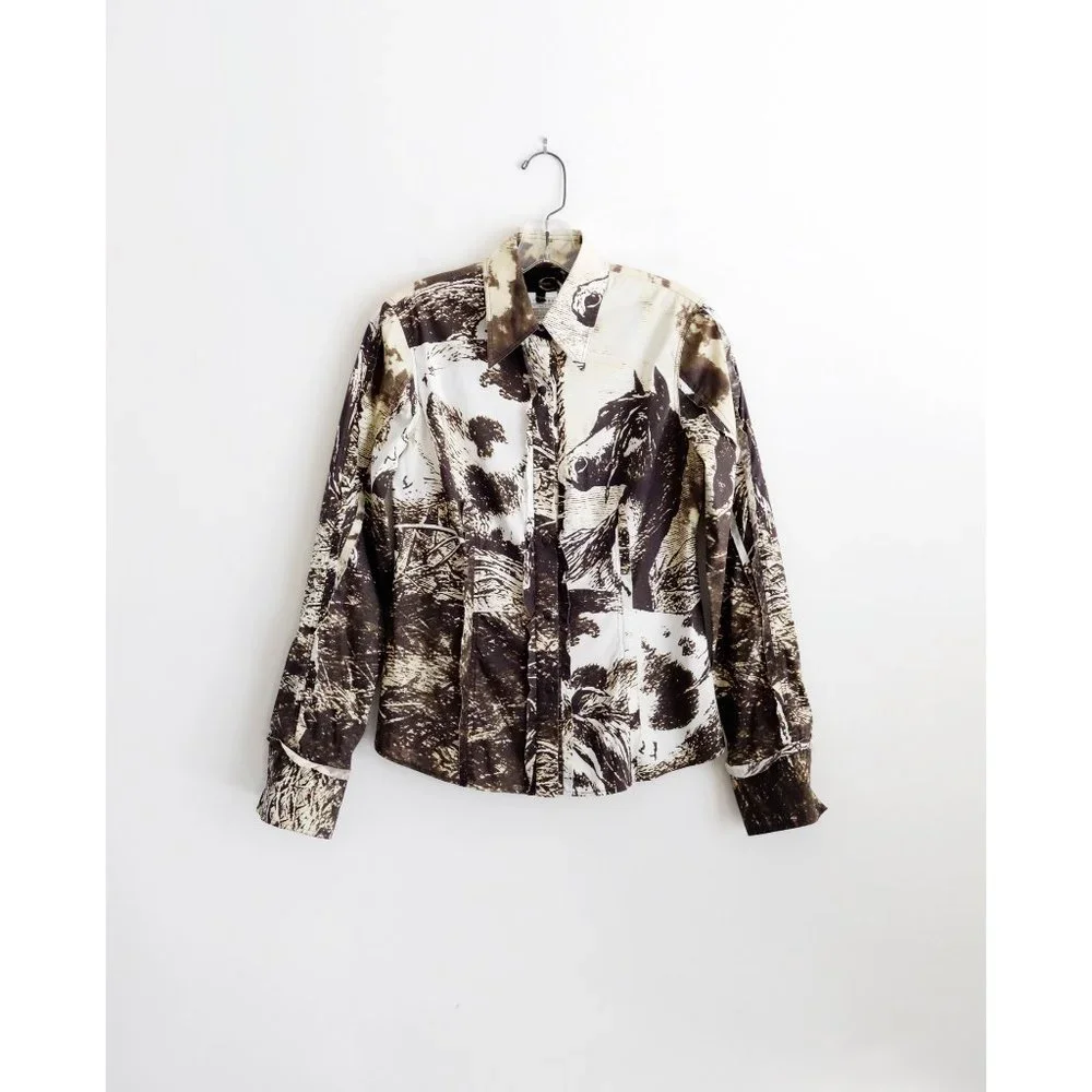 Vtg 00s Y2K Just Cavalli Beige Brown Western Long Sleeve Button Down Shirt Small - Picture 1 of 3